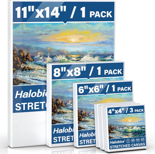 6 Packs Stretched Canvases for Painting with 4x4 Inch, 6x6 Inch, 8x8 Inch, 11x14 Inch, Painting Canvases for Acrylics,Oils & Other Media, 5/8 Inch Profile 100% Cotton Artist Framed Canvas