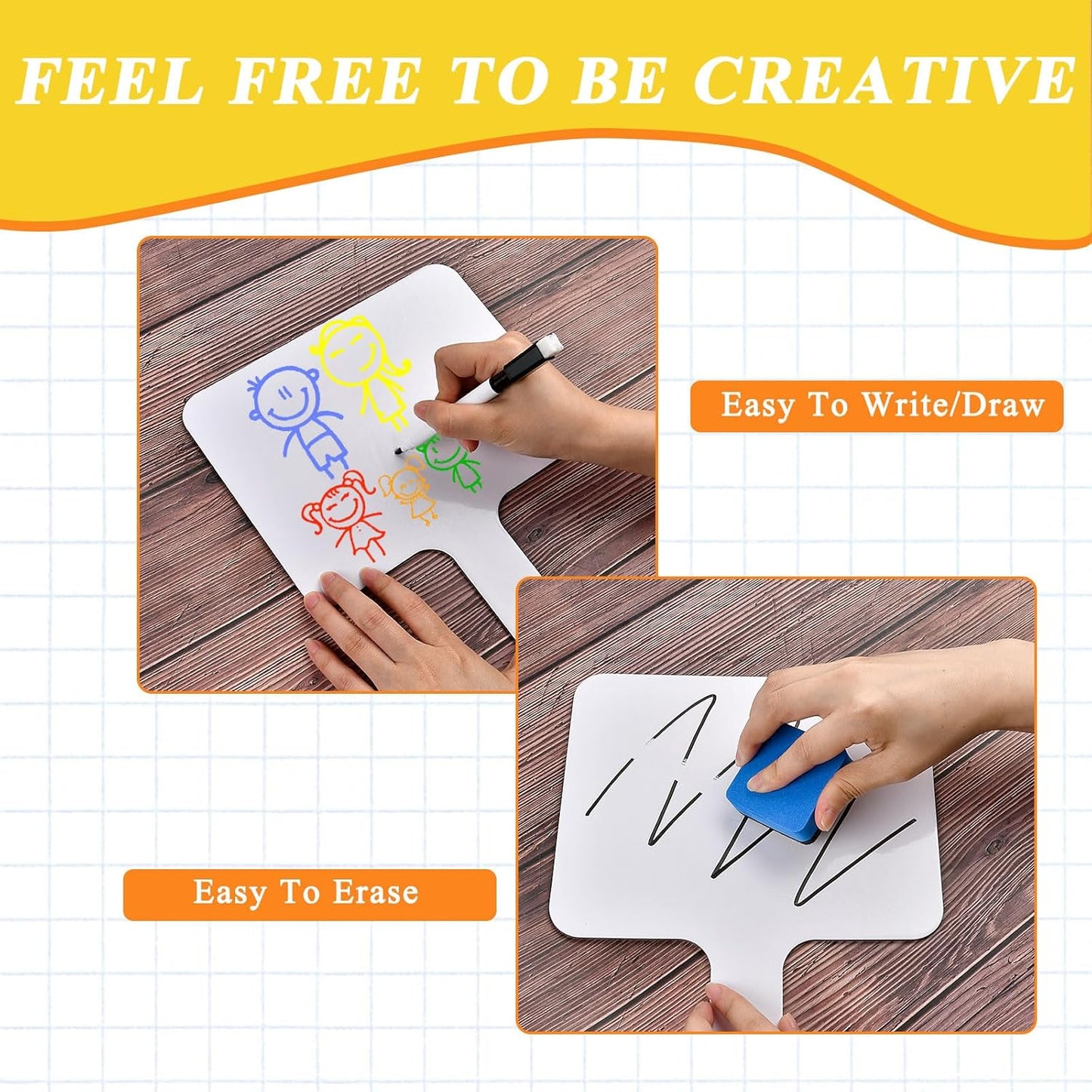 10 Pcs Dry Erase Answer Paddle, 10 x 8 Inch Auction Paddles with Markers and Erasers, Handheld White Board with Handle for Teaching Meeting Bidding Voting Games (Double Sided)