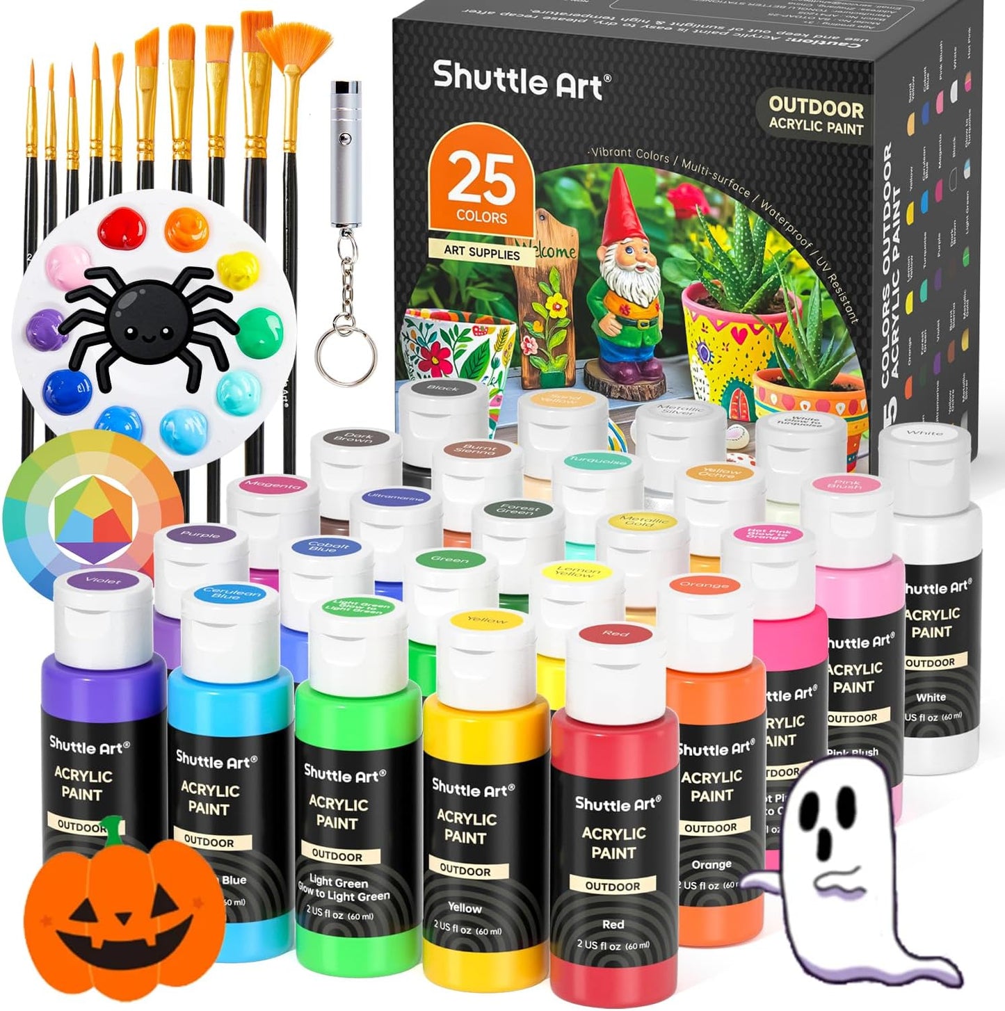 Shuttle Art 25 Colors Outdoor Acrylic Paint Set, 2oz/60ml Waterproof Acrylic Paint with 10 Brushes 1 Palette, Rich Pigmented Paints for Artists, Beginners on Rocks, Wood Crafts, Garden Statues