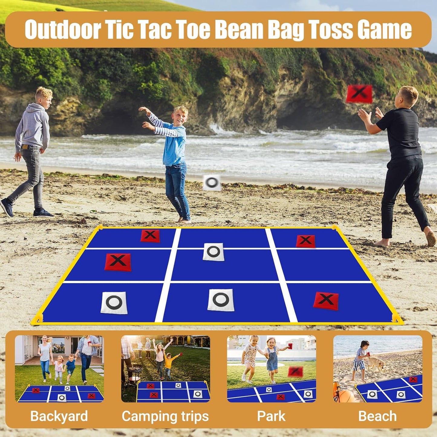 2-in-1 Outdoor Games Large Bunny Egg Bean Bag Toss & Giant Tic Tac Toe 4.5Ft, Double-Sided Lawn Yard Game for Kids Adults, Easter Party, Camping Backyard Carnival Field Day, Family Reunion Fun