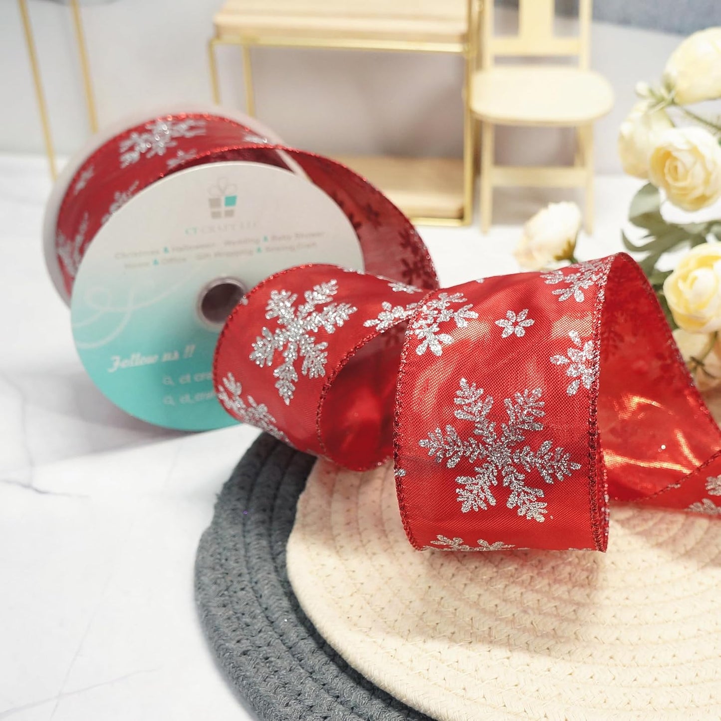 CT CRAFT LLC Red Metallic with Silver Glitter Snowflake Wired Ribbon 2.5 Inch x 25 Yards for Christmas Home Decor Tree Topper Bow Gift Wrapping DIY Crafts Wreath Garland