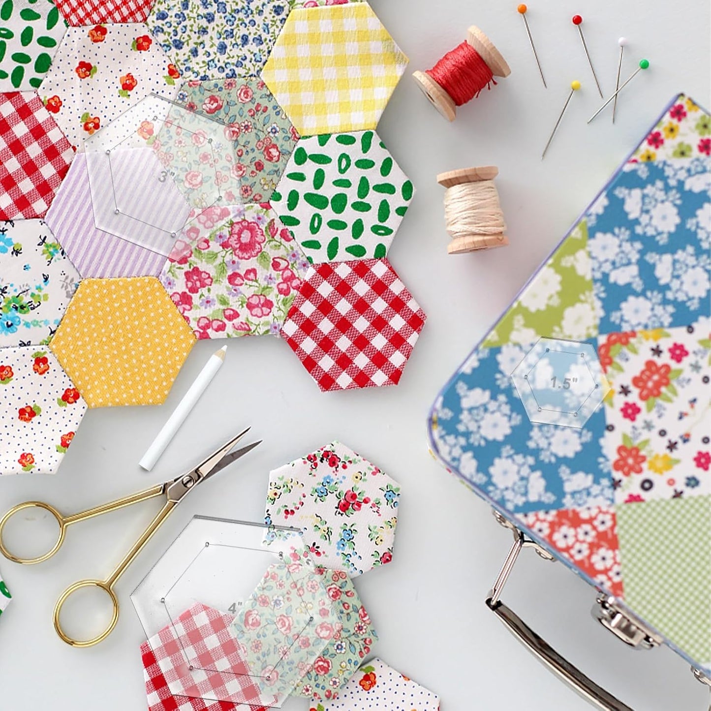 7 Pieces Hexagon Quilting Template with Tailors Chalk Pencil,Acrylic Quilting Rulers Templates with 1/4 Seam Allowance for DIY Sewing Crafts Including 1 Inch,1.5 Inch,2 Inch,3 Inch,4 Inch,5 Inch