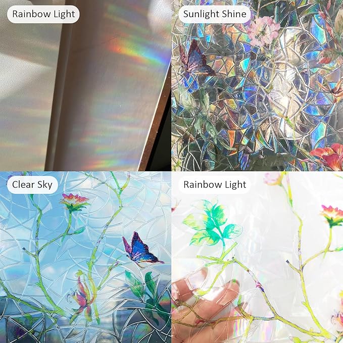 Rainbow Window Privacy Film Stained Glass Handmade Design for Bathroom, Watercolor Flower and Butterfly, 118.11" x 29.52"