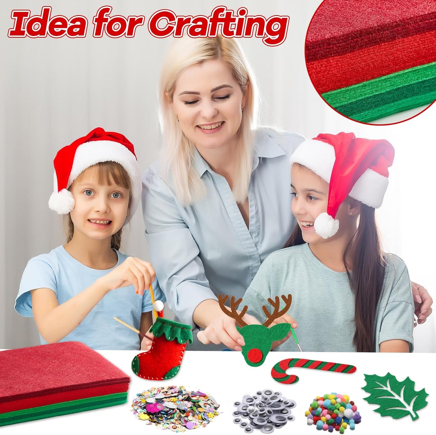 gisgfim 42Pcs Red and Green Gradient Felt Fabric Sheets 8 x 12 Inch Soft Thick Christmas Xmas Felt Pack with Wiggle Google Eye Pom Pom Glitter Patchwork Craft for DIY Sewing Creative Art Project Decor