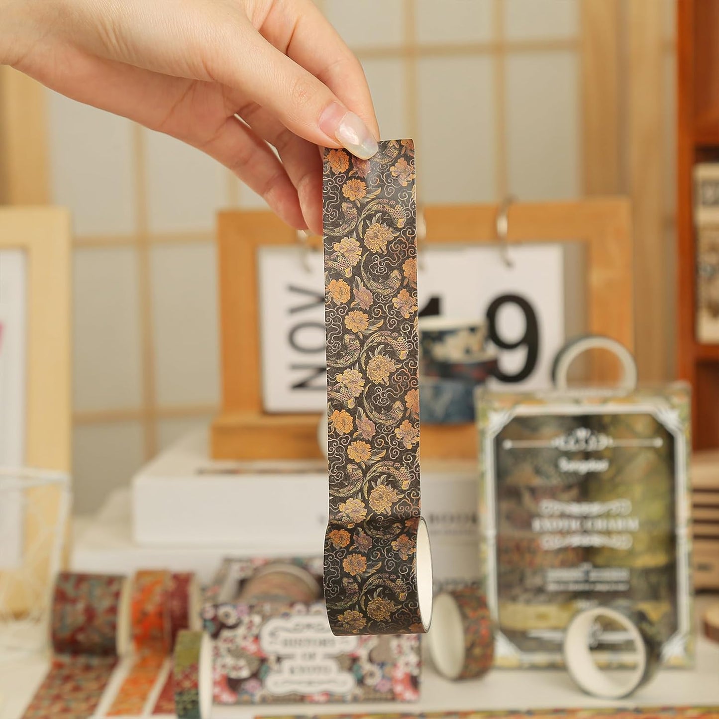12 Rolls Kyoto Charm Washi Tape Set Japanese Arts Adhesive Tapes Geometric Garden Decorative Masking Tape Sets for Craft, Kids, Scrapbook, DIY, Gift Wrapping (Black Elegance)