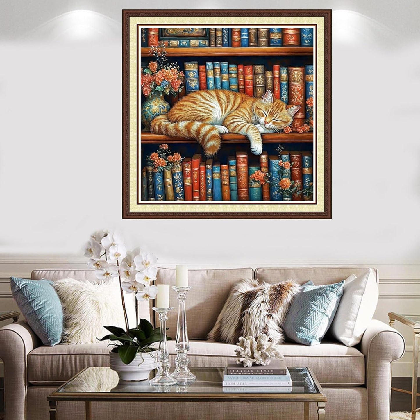 Findvoor Counted Cross Stitch Kits for Adults Full Range of Cross Stitching Embroidery Unprinted Pattern for Beginners, 11CT Needlepoint Kit Patterns Embroidery Kits-Cat Sleeping Bookshelf 18x18 inch