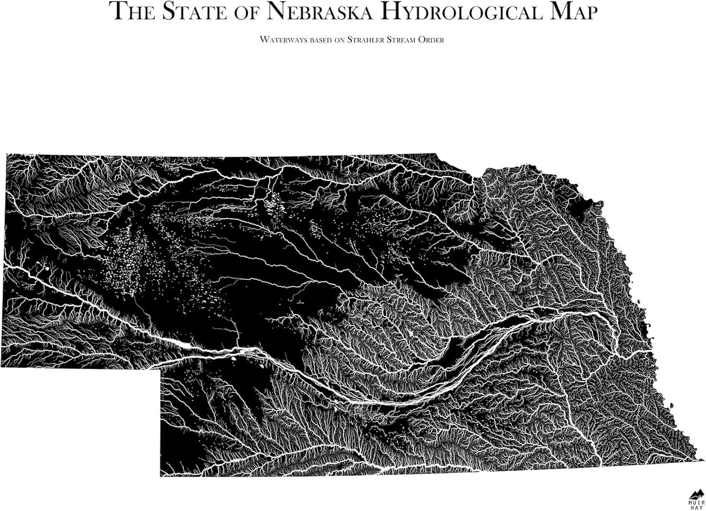Muir Way Hydrological River Map of Nebraska - Watershed Topographic Wall Art for Home, Office, or Travel Decor - Unframed Flat Paper Print, 24x30