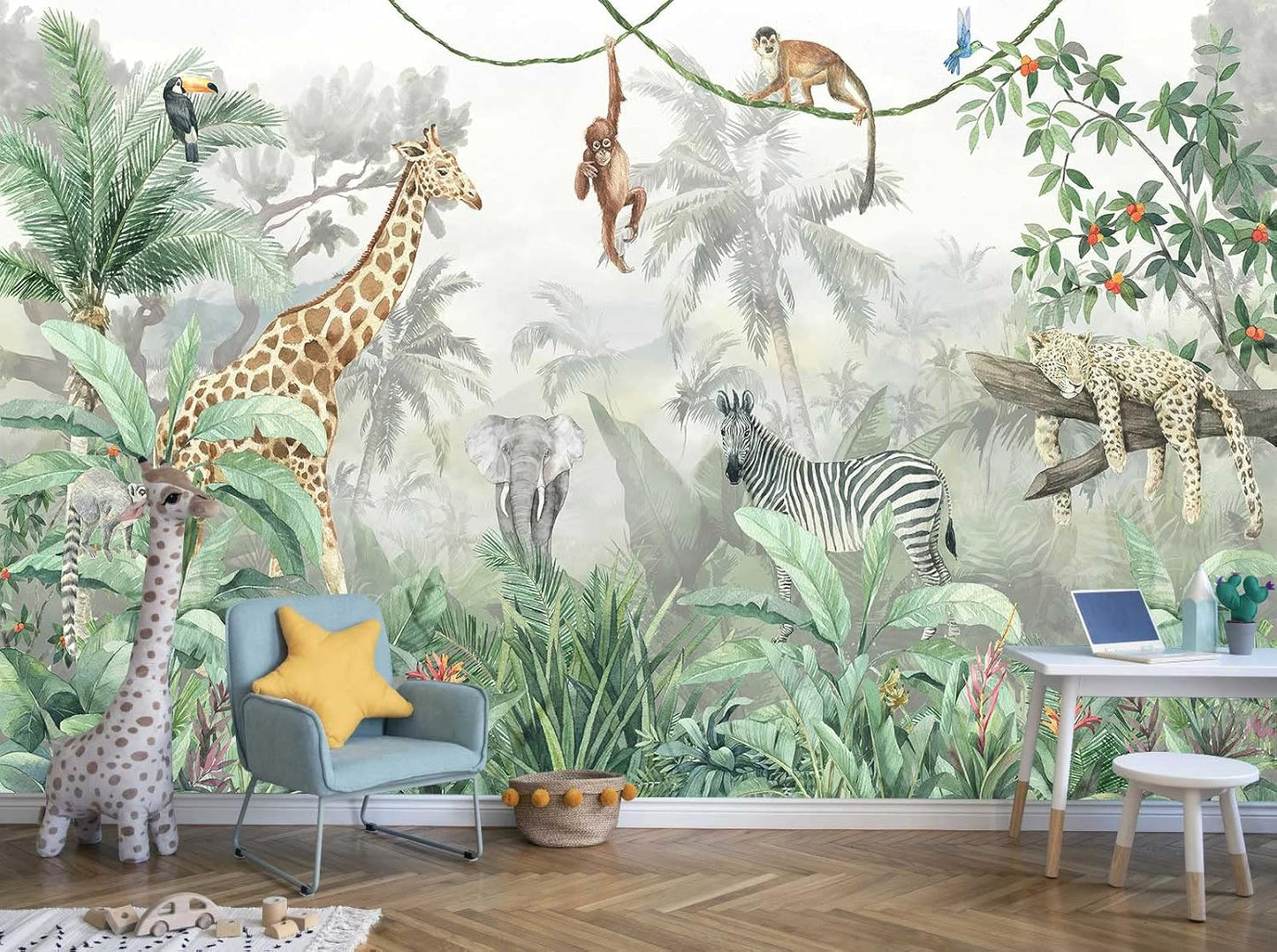 Kids Wallpaper Tropical Leves and Safari Animals Wall Mural for Wall Bedroom Living Room TV Background Sofa Wall（Not Peel and Stick）