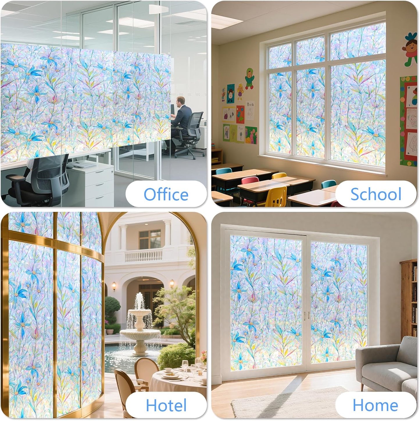 FINNEZ Window Privacy Film Stain Glass Film Flowers Rainbow Window Film Window Clings Non-Adhesive Reusable Decorative for Home（Blue Lotus，23.6 Inch x 6.5 Feet）