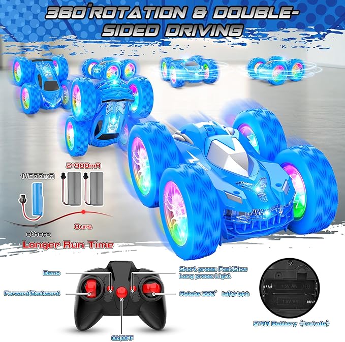 Remote Control Car for Kids, RC Stunt Cars Toys for Boys Ages 4-7 with Cool Double-Sided Pattern and LED Flash, 1:24 Vehicle Toy Car Hobby Racing Car Toys Gift for 3 4 5 6 7 8 9 Year Old Boys