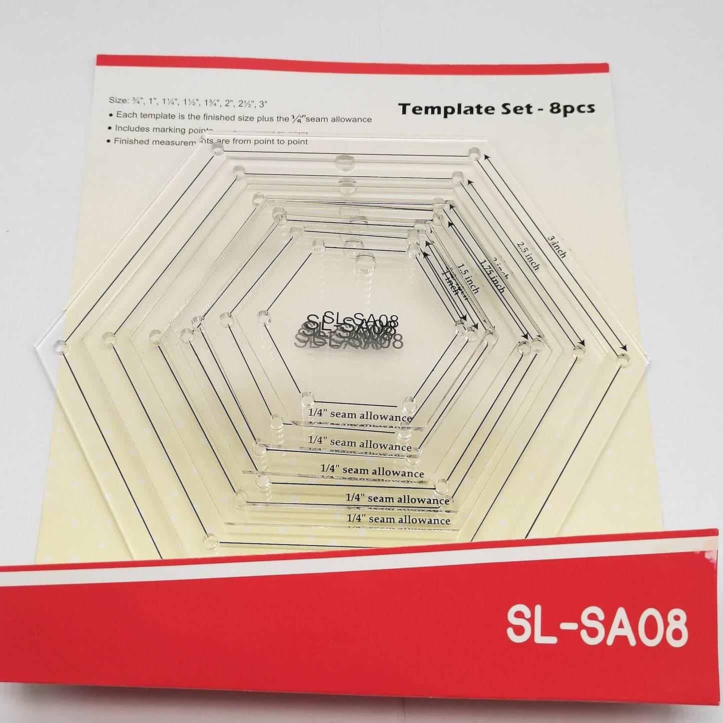 HONEYSEW 1/4" Seam Allowance Hexagon Template Set for Quilting 8 Size Sewing Rulers