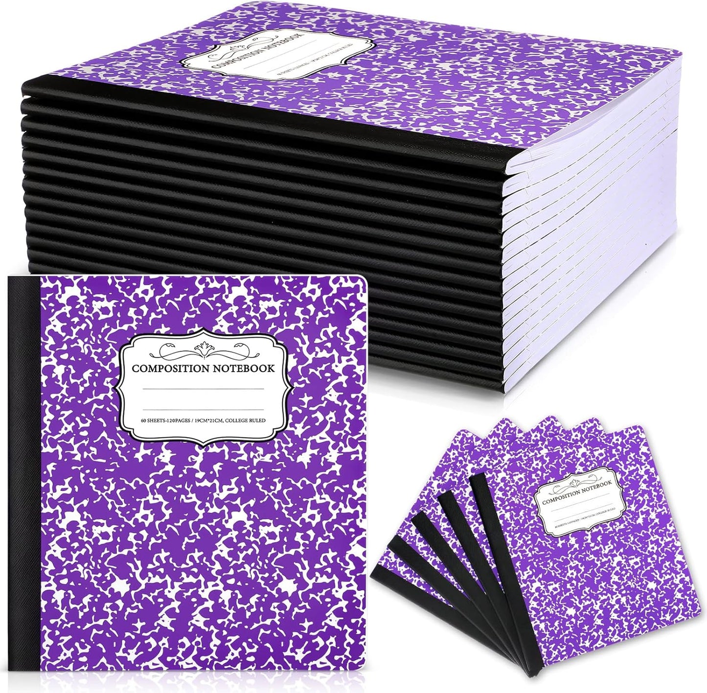 Seajan 20 Pack Composition Notebooks, Wide Ruled Paper, 7-1/2" x 9-3/4" Marble Hard Covers, 60 Sheets, Composition Notebooks Bulk for Students Back to School Adults Office Supplies(Purple)