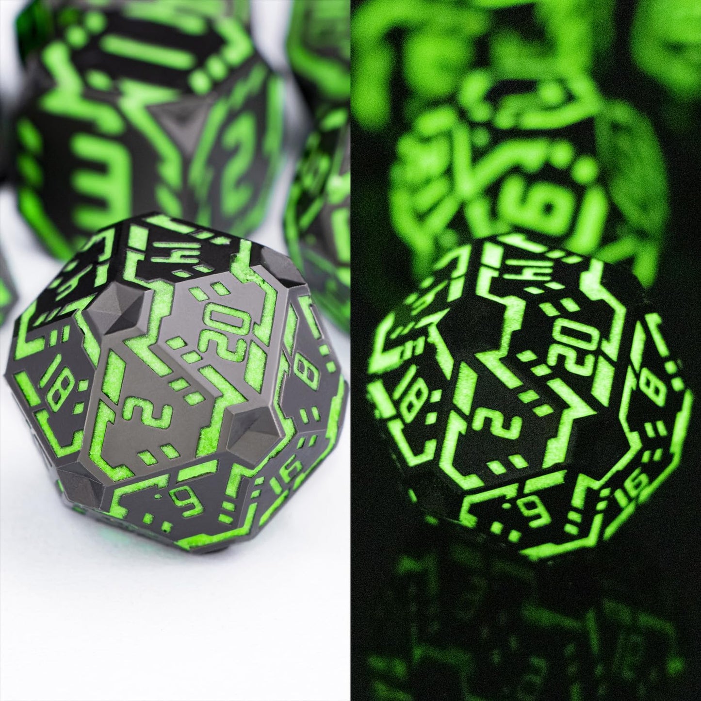 Metal DND Sci-fi Dice Set 7PCS Luminous Green Stripe Polyhedral Dice for Dungeons Dragons RPG Role Playing Game, Glitter D and D Dice with Gift Box D6 D8 D10 D12 D20