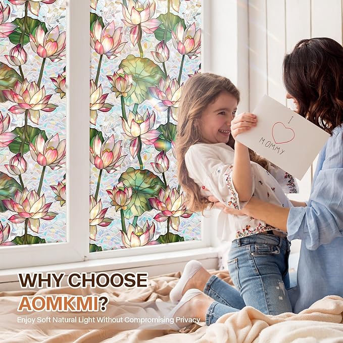 Stained Glass Window Film UV Resistant Window Privacy Film Lotus Floral Privacy Rainbow Decals Living Room Bedroom Sun Blocking Decor Removable Static Cling Stickers 17 x 39.37 Inch
