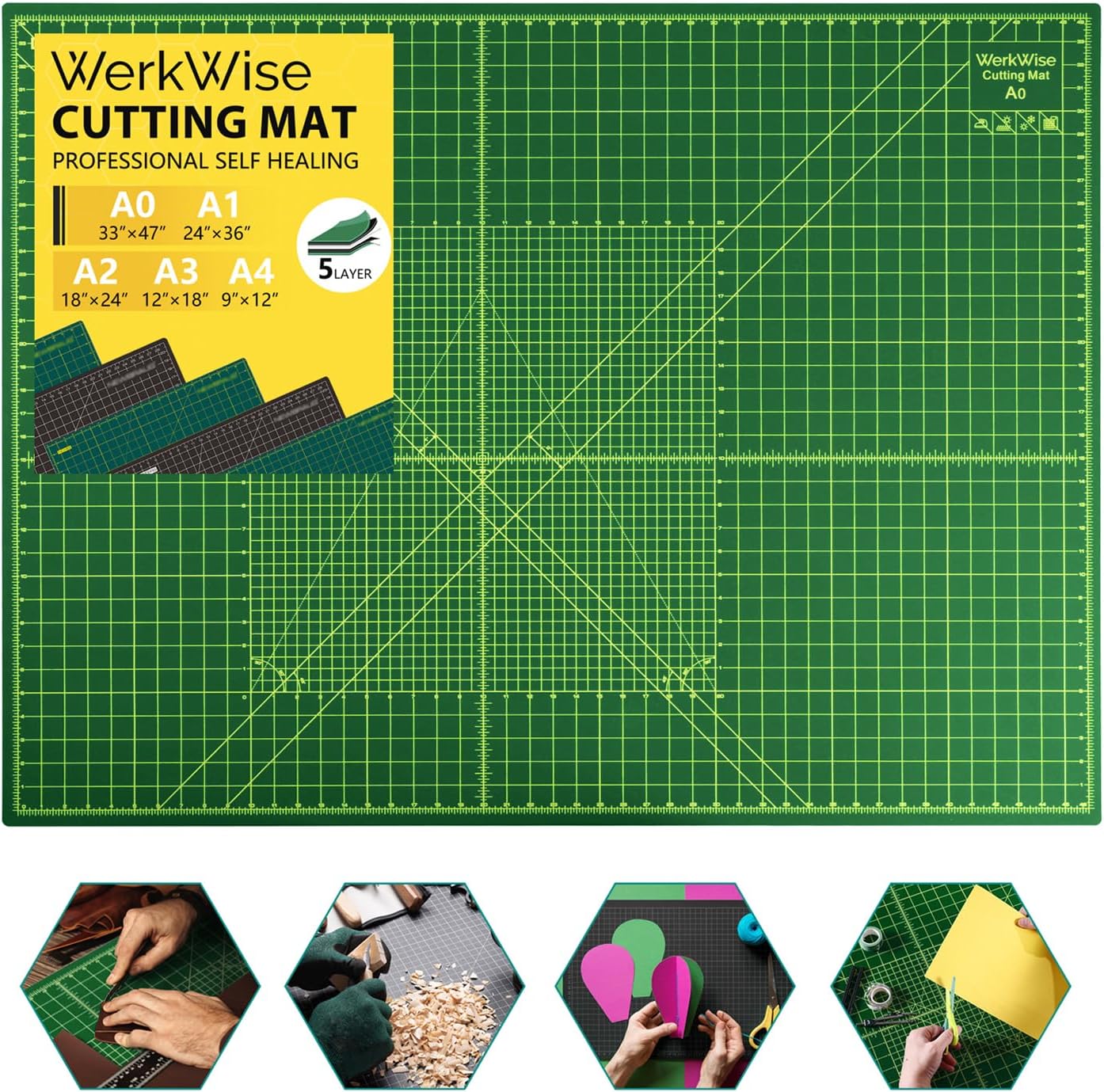 Extra Large 36" x 48" Self Healing Sewing Mat, WerkWise Rotary Cutting Mat, Double Sided 5-Ply 36x48 Inch Board for Quilting, Fabric, & Crafts, Designed for Use with Rotary Cutters (Green & Black)