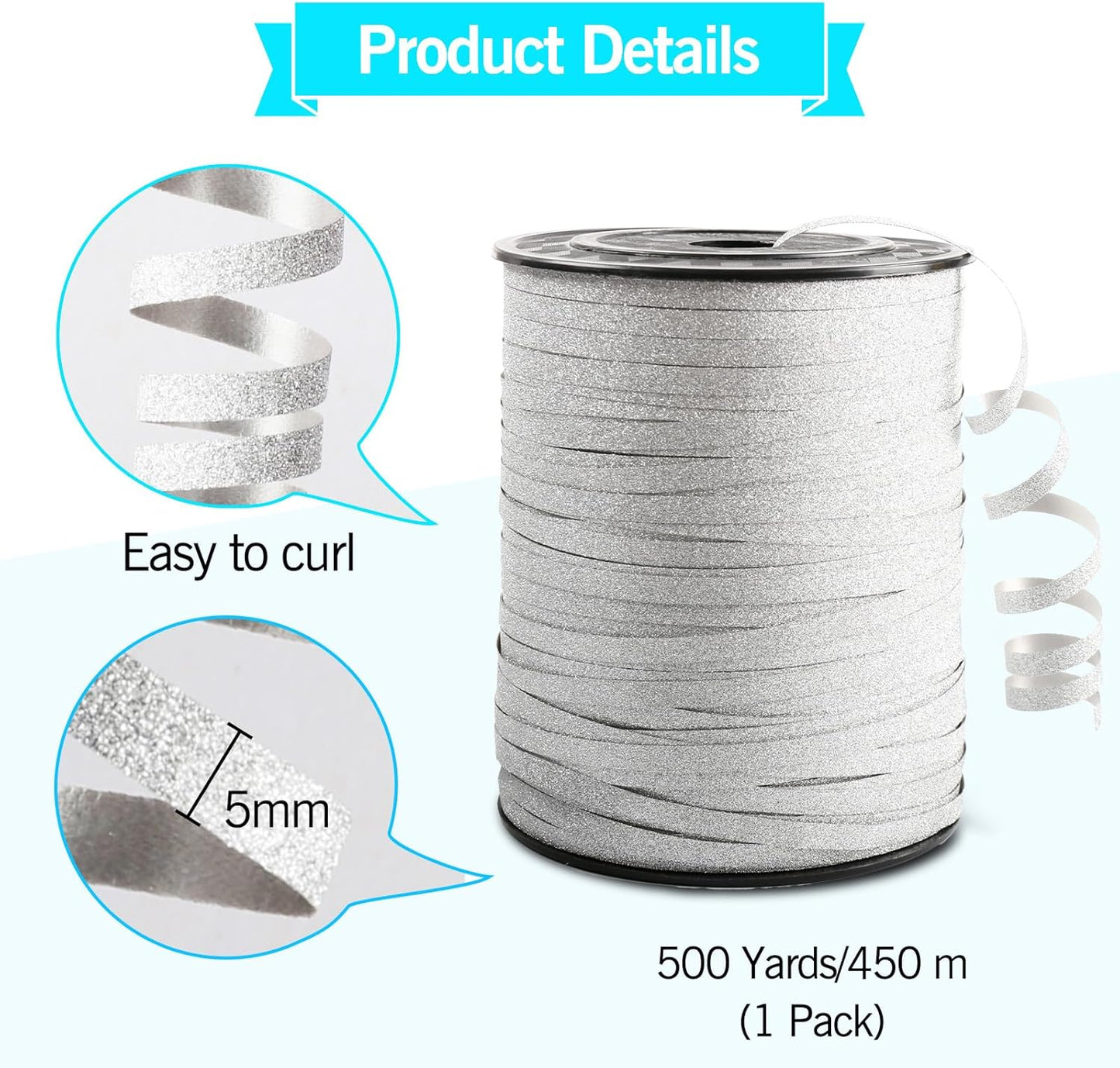 Silver Curling Ribbon, 500 Yard Christmas Glitter Curly Ribbons for Gift Wrapping, Thin Balloon String Ribbon for Balloons Arch, 3/16" Gift Ribbons for Baby Shower, Florist Flower Party Decorations