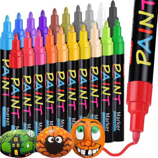 IVSUN Paint Pens Paint Markers, 20 Colors Oil-Based Waterproof Marker Pen Set, Never Fade Quick Dry and Permanent, Works on Rocks Painting, Wood, Fabric, Plastic, Canvas, Glass, Mugs