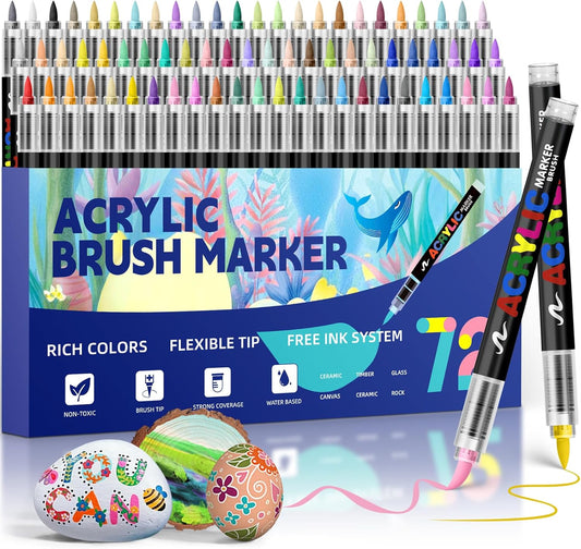 GOTIDEAL Acrylic Paint Markers,Brush Tip Waterproof Paint Pens acrylic markers,No bleed&Quick-Dry Acrylic Brush Markers for Wood,Rock Painting,Glass,Ceramic,Fabric Art Craft Supplies(72 Colors)