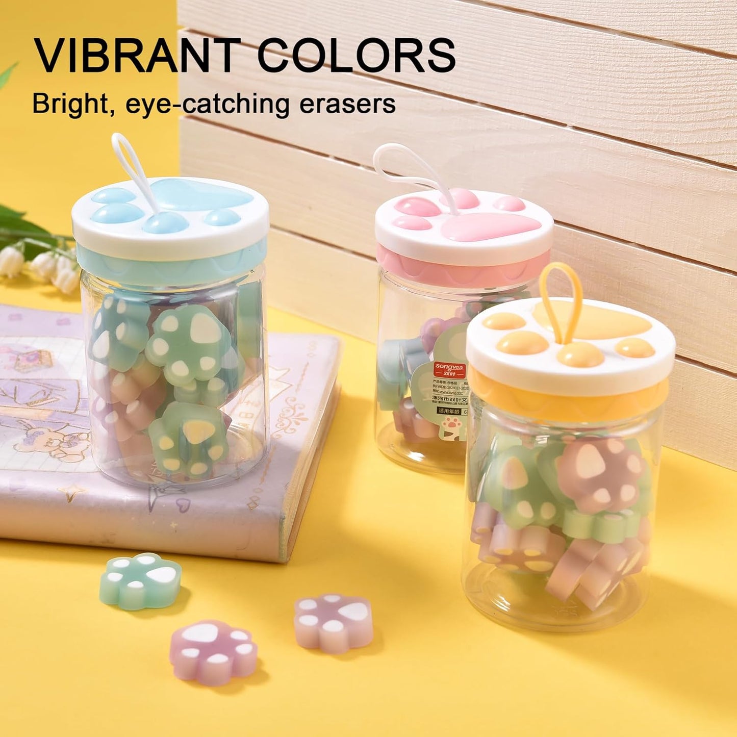 HILAZA 54Pcs Cat Paw Erasers for Kids, Fluorescent erasers, Kawaii Jelly Pencil Erasers Bulk for Office Supplies Classroom Rewards Party Favors