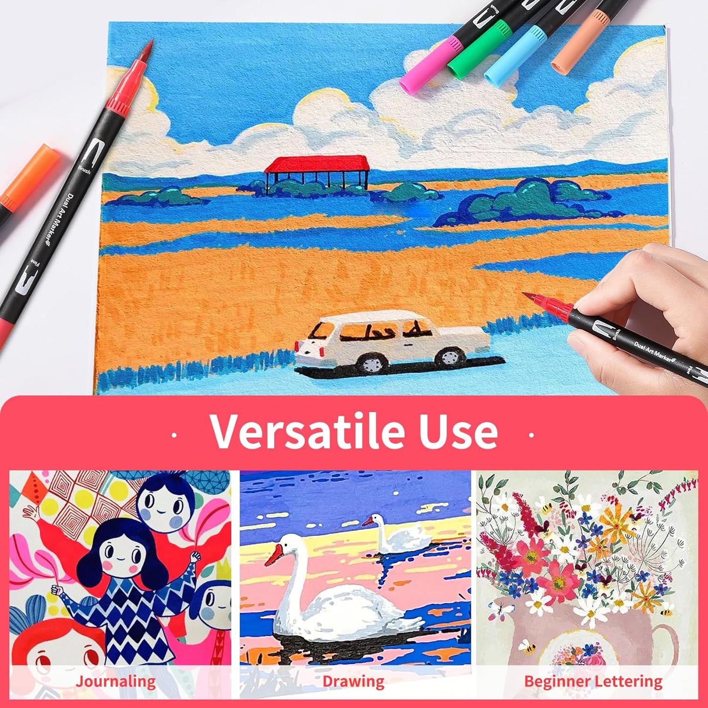 Dual Tip Markers, Double Brush Art Markers Set with Fine Tip and Brush Tip for Adult Coloring Book, Hand Lettering, Calligraphy & Drawing, Art Supplies Kit for Kids and Adults (120 Colors)