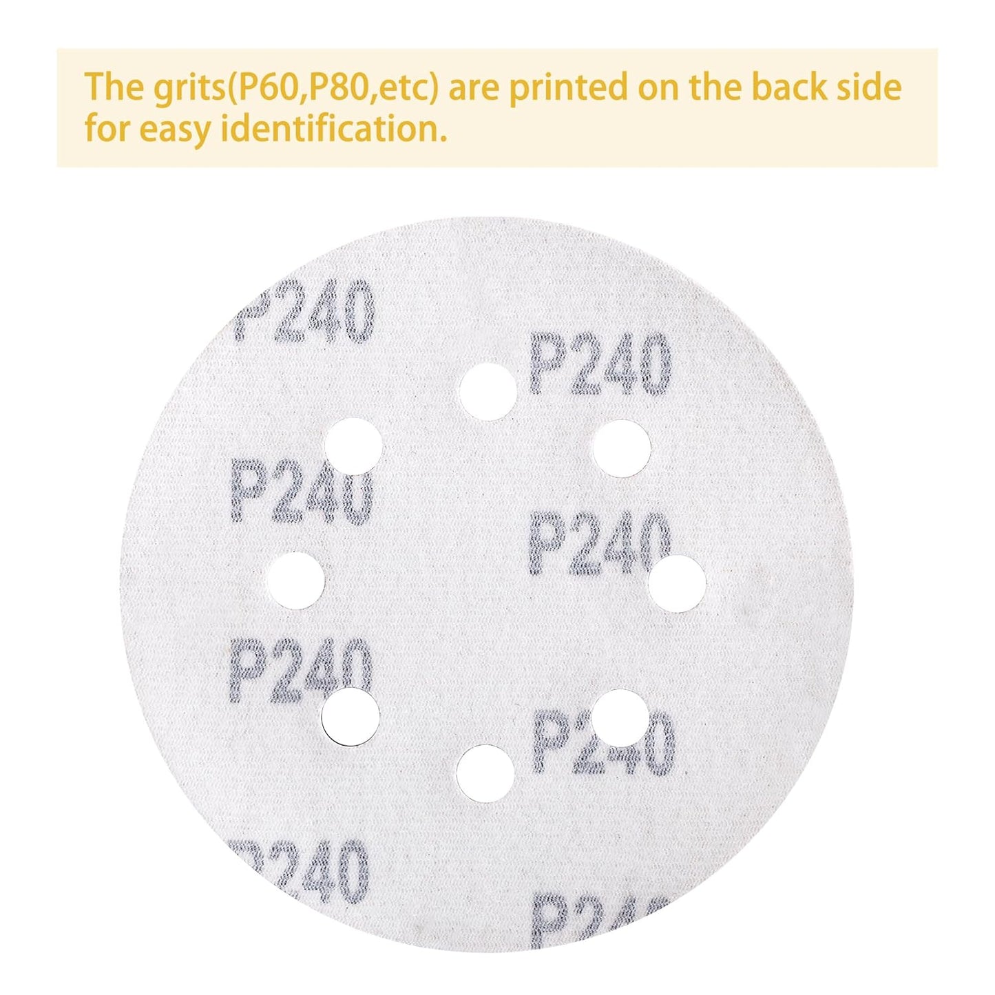 150PCS 240 Grit Gold Sanding Discs, 5-Inch 8-Hole Sandpaper for Random Orbital Sander, for Automotive or Woodworking