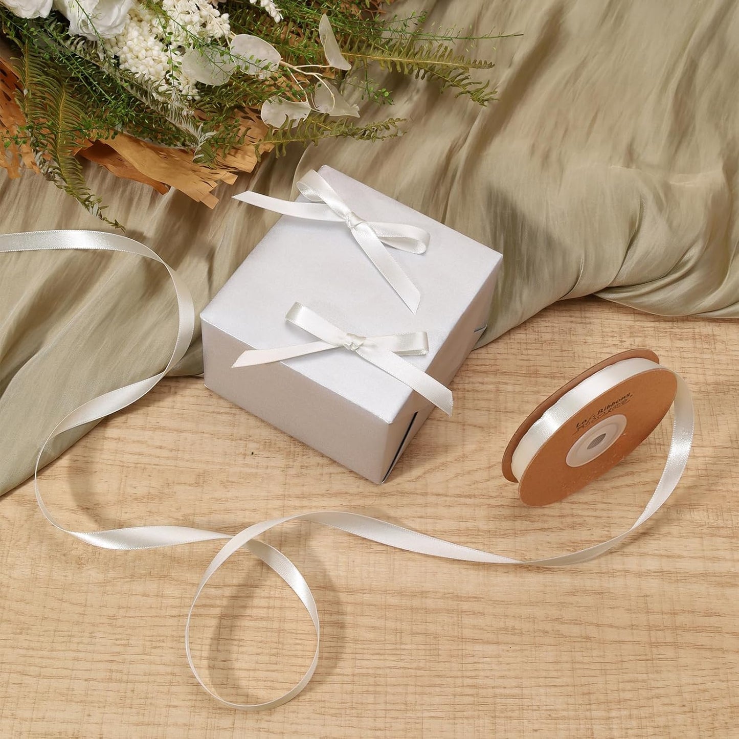 LaRibbons White Satin Ribbon 3/8 Inch 50 Yards Thin Luxury Double Faced Silk Ribbon for Flower Bouquet Crafts Gift Wrapping Wedding Christmas Decoration