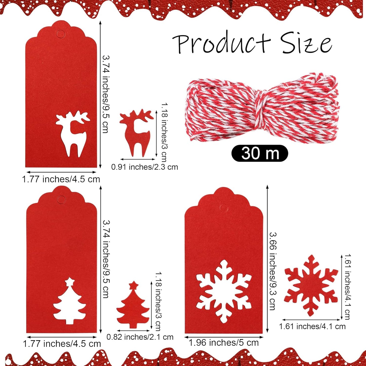 Aneco 150 Pieces Christmas Paper Gift Tags Red Kraft Tags Hang Labels Christmas Tree Snowflake Reindeer Design with 30 Meters Twine for Christmas DIY Wrapping Favor Holiday Present