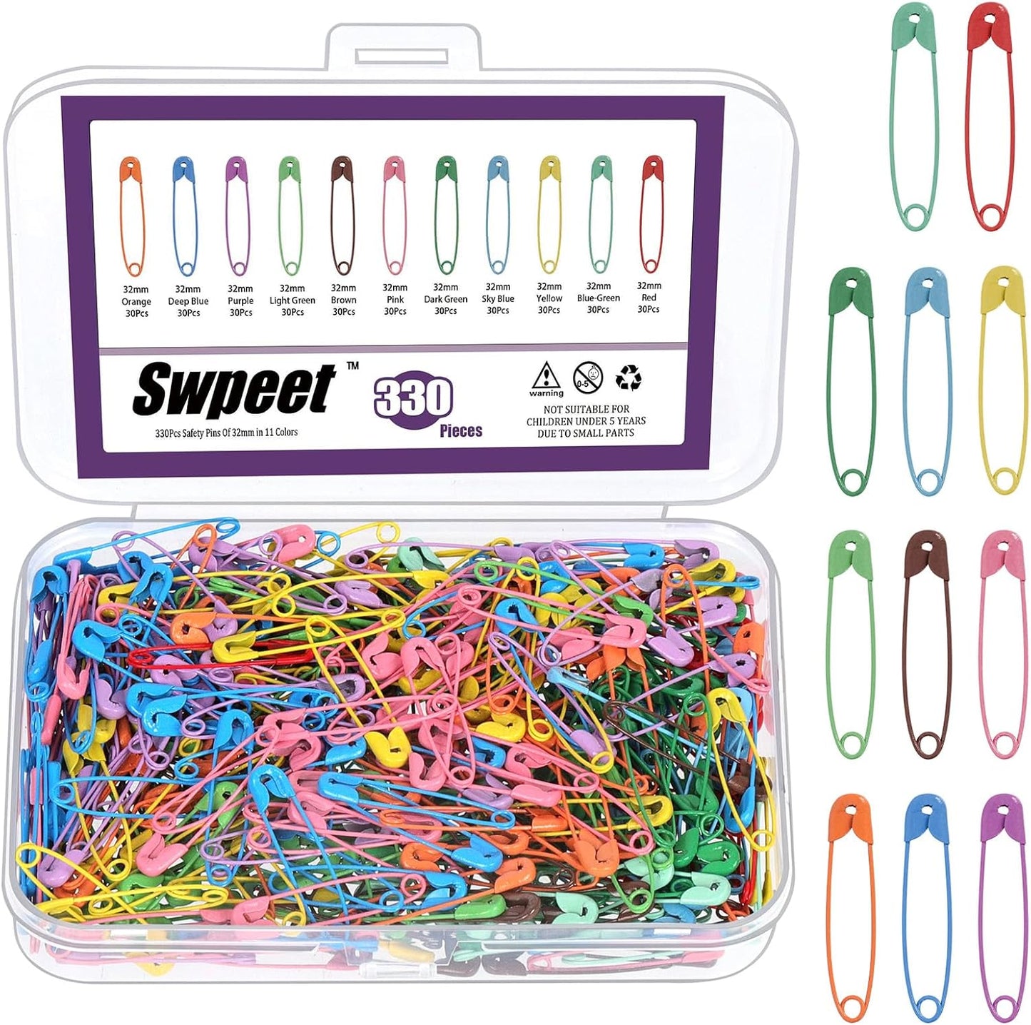 Swpeet 440Pcs 32mm/ 1.26 Inch Colorful Safety Pins Assortment Kit, Rust Resistant Steel Small Safety Pin Kit with Clear Case, Mini Safety Pins for Sewing, Clothes, Craft Arts