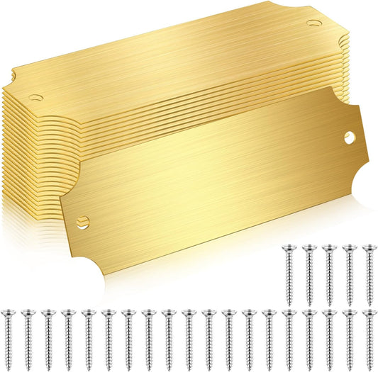 24 Pcs Personalized Name Plates Laser Engraved 1" x 3" Solid Brushed Metal Plaque Trophy Plate Blank Name Tag with Adhesive Backing and Screws for DIY(Gold,Notched Corner)