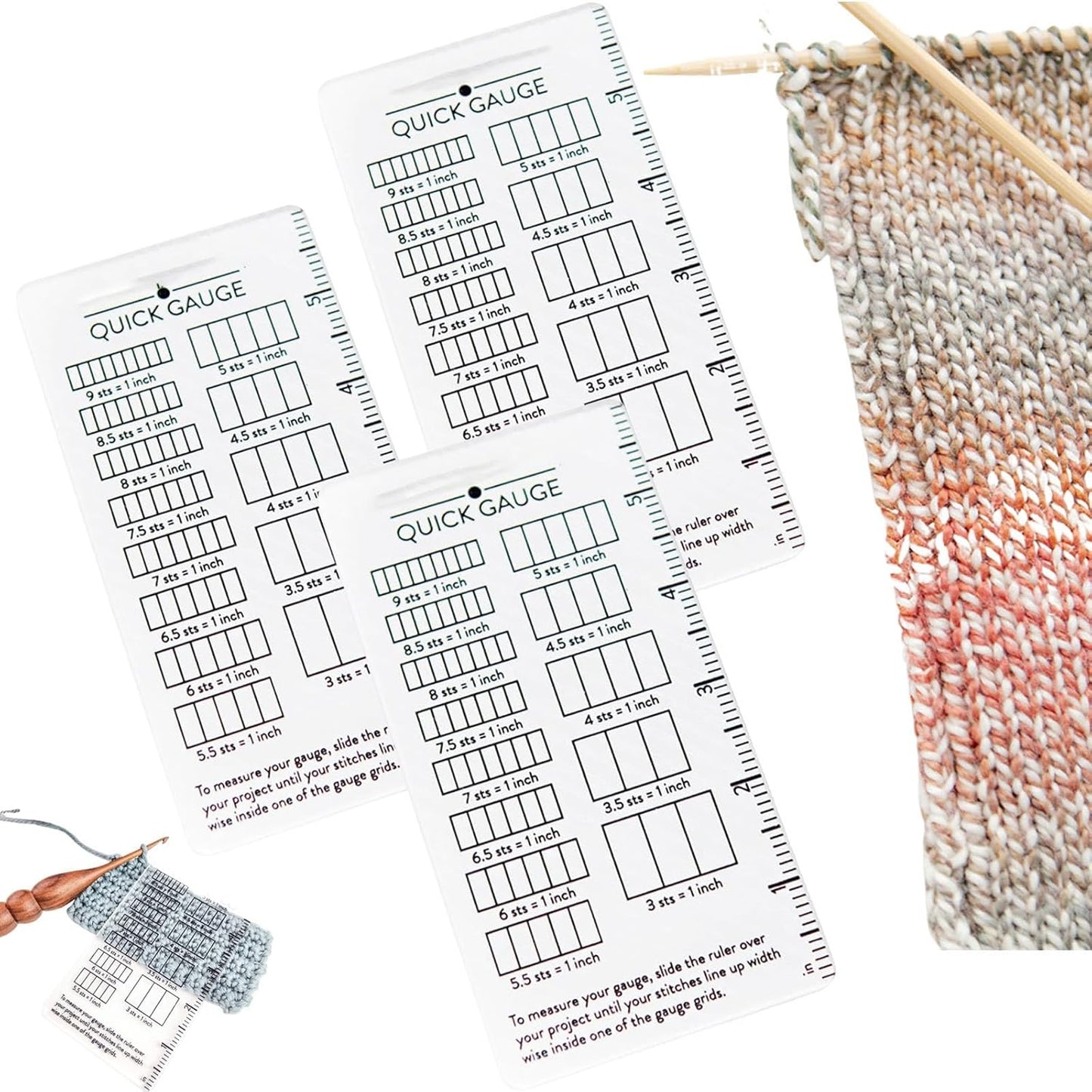 Quick Gauge Ruler, Gauge Ruler for Knitting and Crochet, Scarf Keychain Knitting No Counting Needed, Slide Sewing Rulers and Guides for Fabric Stitch Measuring Crochet Tool(3pcs)