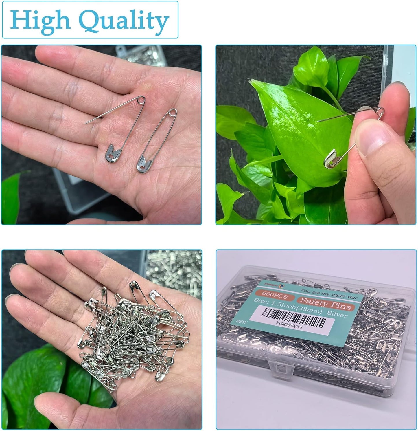 Safety Pins, 600PCS-1.5Inch Small Safety Pins, Rust-Resistant Nickel Plated Steel, Sharp Edge Safety Pin for Clothes, Sewing, Arts & Craft, 38mm Decorative Safety Pins (Silver), UR-28