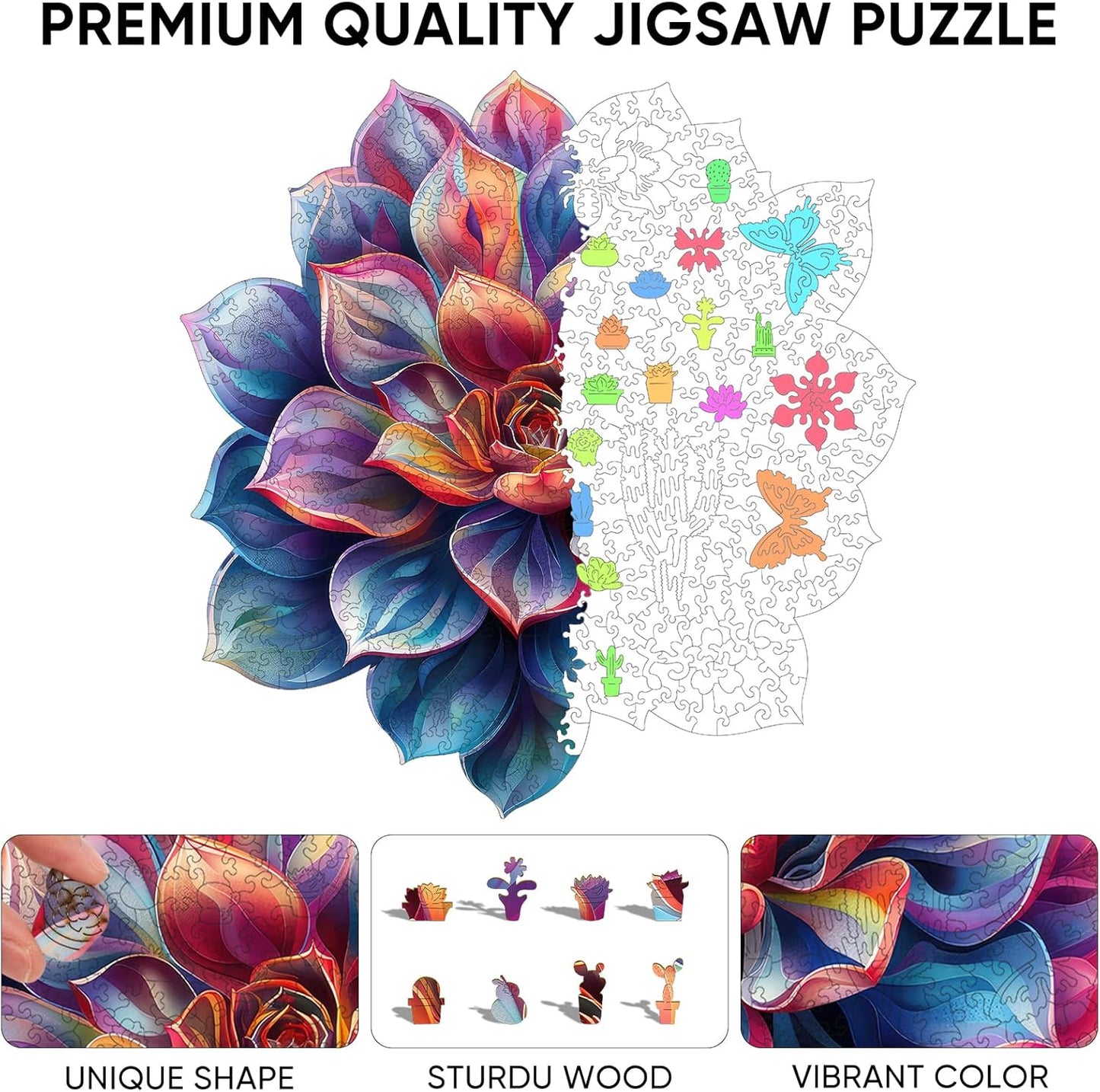 Wooden Puzzles for Adult, Flower Succulent Puzzle for Girl, Challenging Puzzle, 200 Piece Luxurious Shaped Wooden Puzzles for Adults, Family Game 11.2 * 15.9in