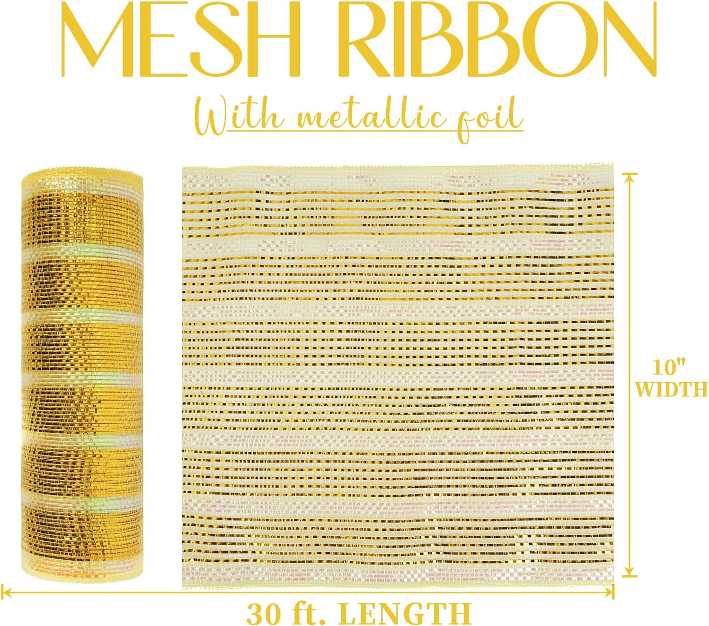 MEEDEE Gold Deco Mesh 10 Inch Deluxe Wide Foil & Iridescent Metallic Stripe Mesh Ribbon for Wreaths, Christmas Tree, Garland, Gift Wrapping, Bows Making (30 Feet)