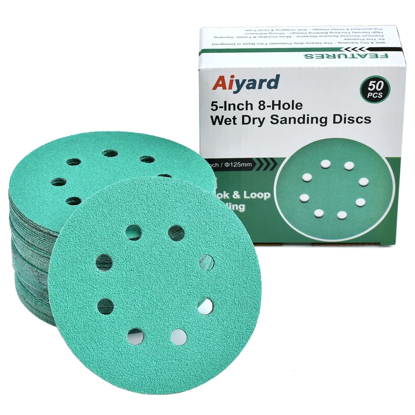 5-Inch 8-Hole Wet Dry Sanding Discs 60 Grit, Polyester Film Backed Heavy-Duty Hook and Loop Sandpaper for Random Orbital Sander, 50-Pack
