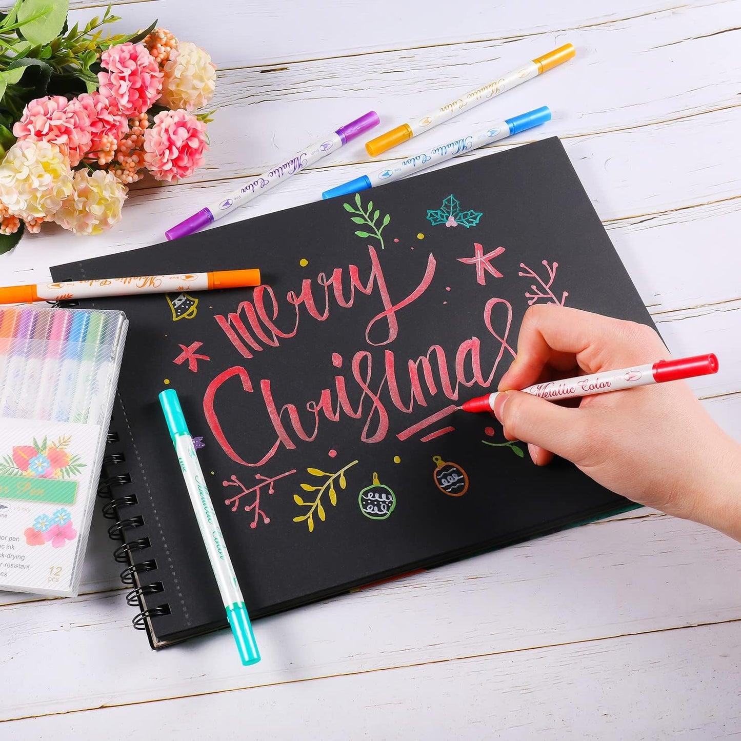 Sunshilor Metallic Markers Dual Tip Metallic Marker Pens Brush and Fine Point Pens for Black Paper, Rock Painting, Easter Egg, Halloween Pumpkin, Card Making, Metal, Ceramic, Wine Glass