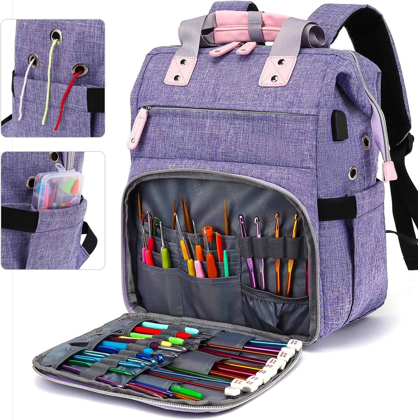 Crochet Backpack,Knitting Bag Backpack Yarn Storage Organizer Travel Crochet Bag with USB Charging Port,Large Yarn Tote Bag, Purple, Crochet Backpack, Travel