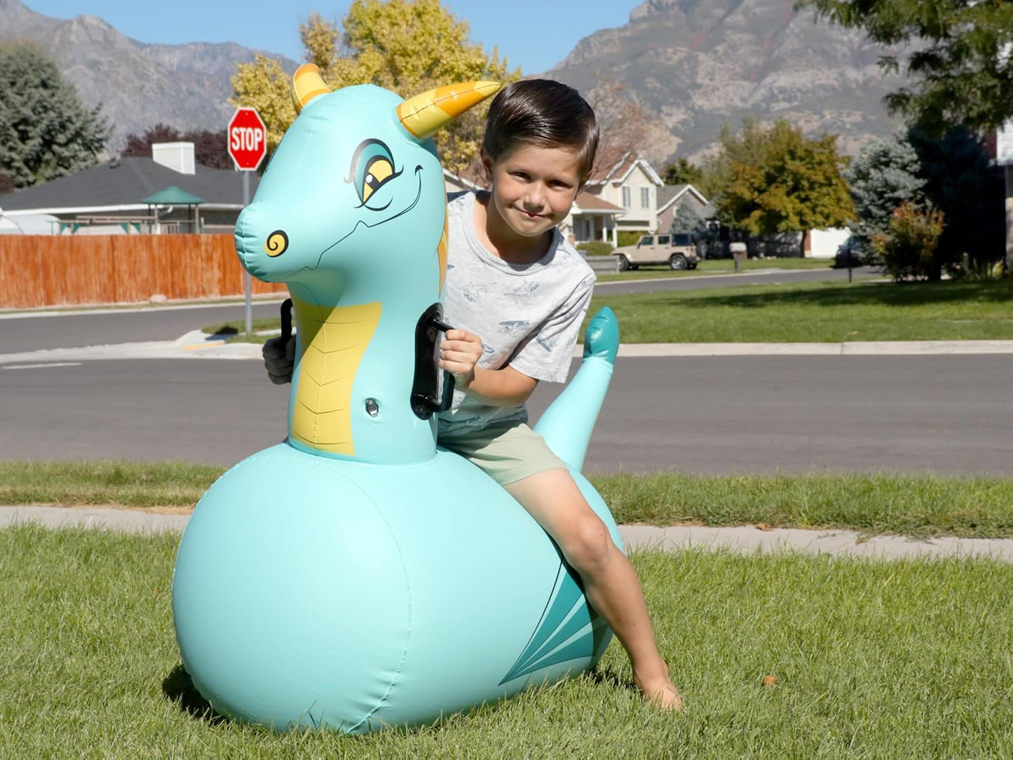 Hearthsong Hop N Go Inflatable Blue Dragon Bouncy Riding, Hopping Toys for Kids Ages 5+ - Ride On Bouncer Animal Hopper Jumping Toys for Outdoor Games (2 Pack)
