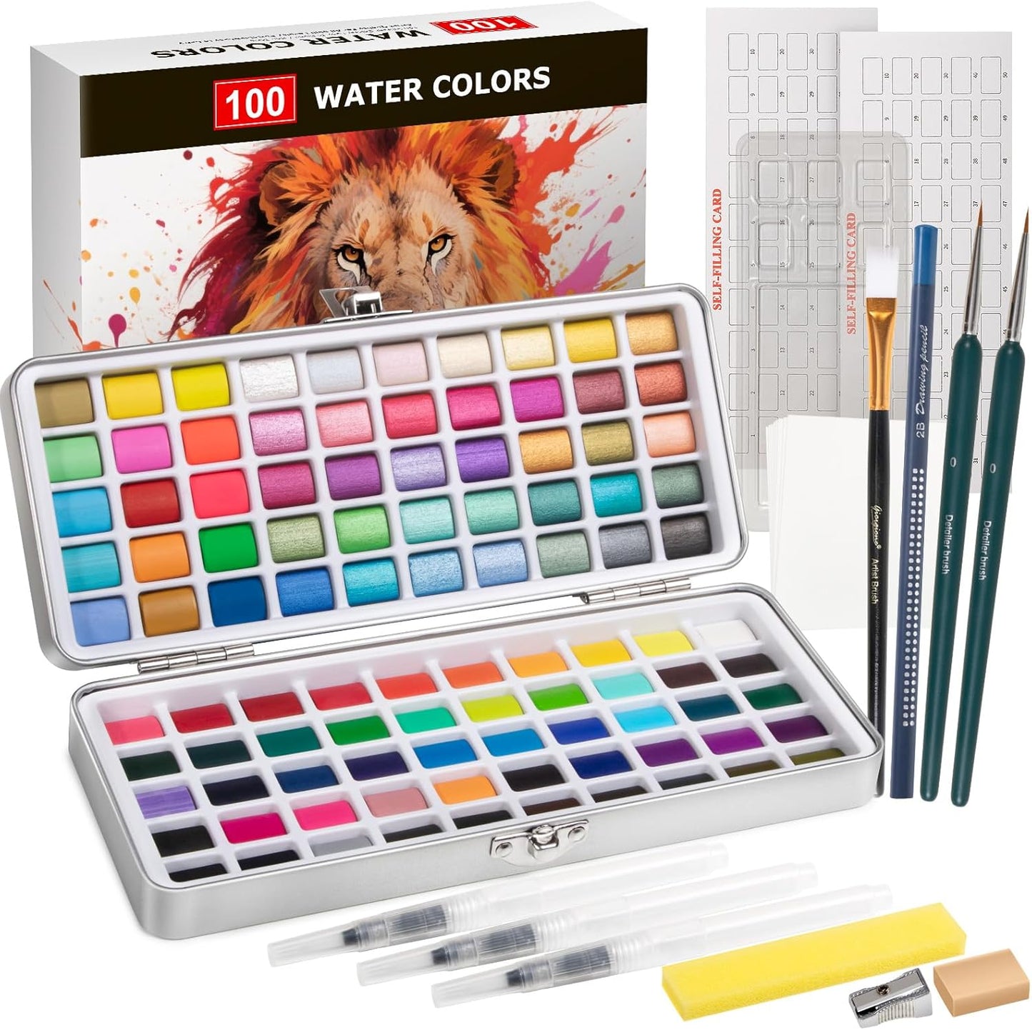 Watercolor Paint Set 100 Colors botkc Travel Water Colors kit with 7 Brushes 8 Watercolor papers Palette set Including Metallic and Accessories Art Supplies Gifts for Kids Artists Teens Adults and Hobbyists