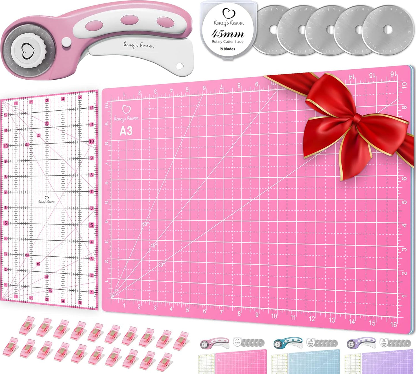 Rotary Cutter Set pink - Quilting Kit incl. 45mm Fabric Cutter, 5 Replacement Blades, A3 Cutting Mat, Acrylic Ruler and Craft Clips - Ideal for Crafting, Sewing, Patchworking, Crochet & Knitting y