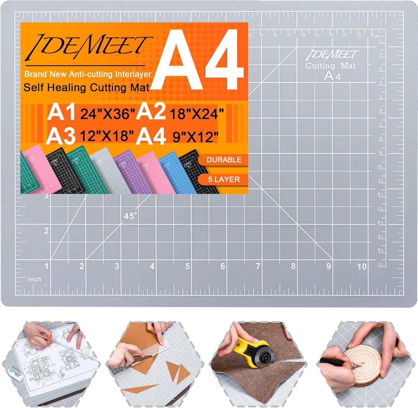 Density-upgraded 9"x12" Self Healing Cutting Mat, Idemeet Rotary Sewing Mat for Crafts, 5-Ply Blade Table Protector Cut Board for Fabric Leather Cutting Quilting Modeling Hobby Project, A4, Gray
