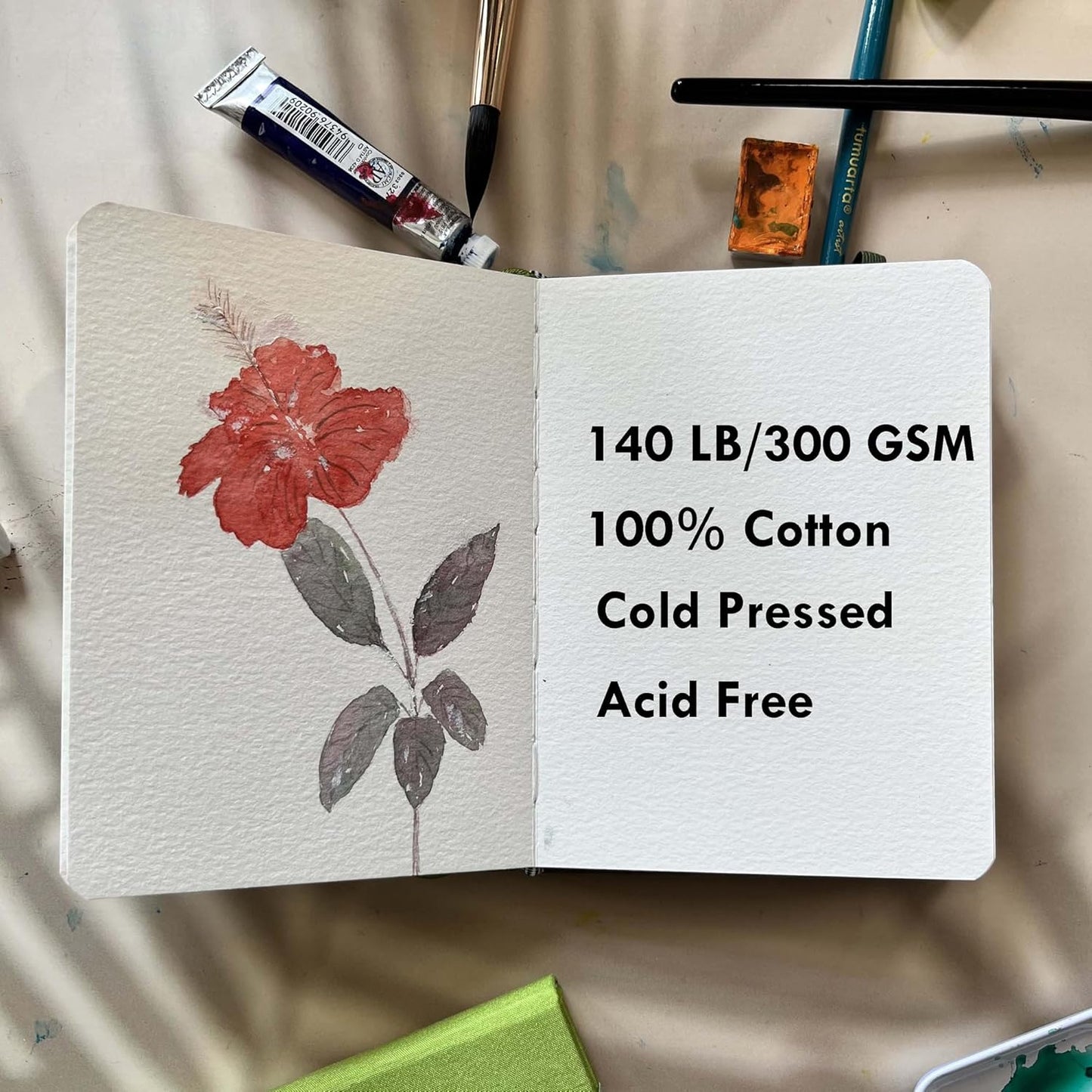 tumuarta Watercolor - Sketchbook, 7.5x5 in, 140 LB, 300GSM, 100% Cotton, Acid Free, Cold Press, 24 Sheets,48 Pages, Watercolor Paper Journal for Use As Travel Notebook and Mixed Media Pad On The Go