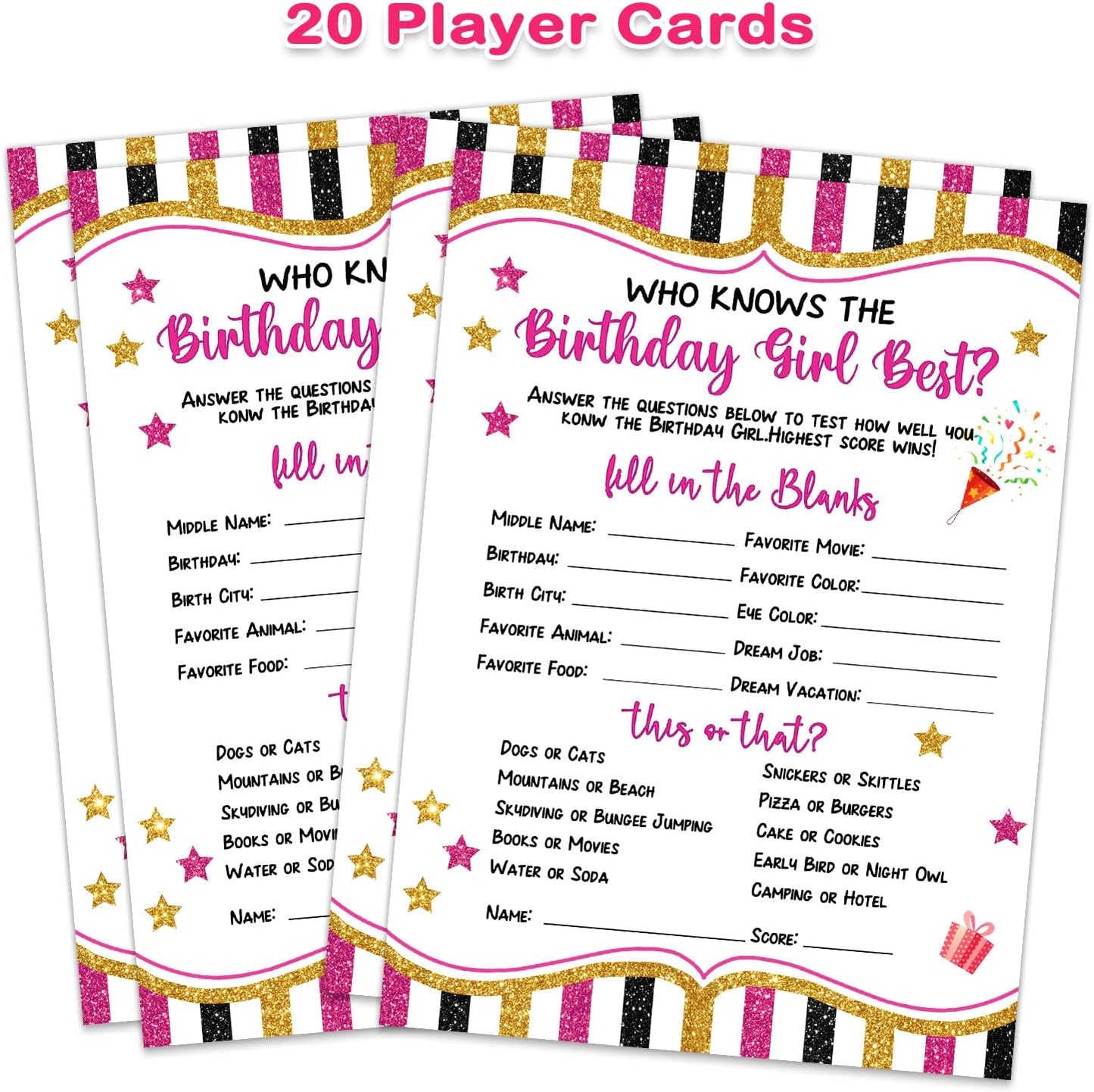 20 Pieces Who Knows The Birthday Girl Best Game Cards - Birthday Party Activity Game Card Set Girly Themed Party Activity and Idea - for Child or Teen - Girl Birthday Supplies, Activity, Decorations