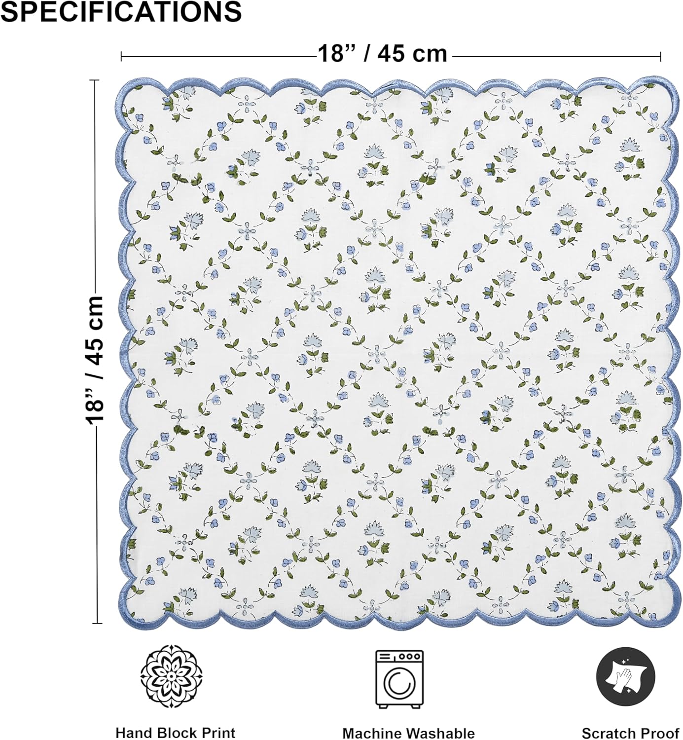 Ridhi Powder Blue Hand Block Print Napkins 18" x 18" Set of 4 Reusable Cotton Dinner Napkins for Weddings, Parties & Everyday Dining, Thanksgiving, Christmas, Fall