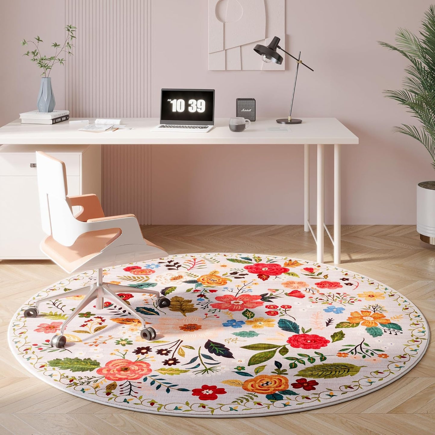Rugcomf Round Rug 6ft Washable Circle Rug Non Slip Low Pile Boho Floral Small Circular Rug for Bedroom, Bathroom, Entryway, Kids Room, Office, College Dorm(Beige)