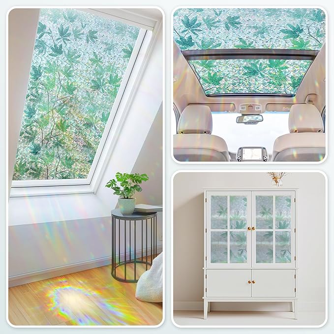 Haton Window Privacy Film, Rainbow Decorative Film, Stained Glass Window Clings, Static Cling UV Blocking Heat Control Tint Sticker for Home Door, Leaf Rainbow, 17.5" x 157.4" Non-Adhesive
