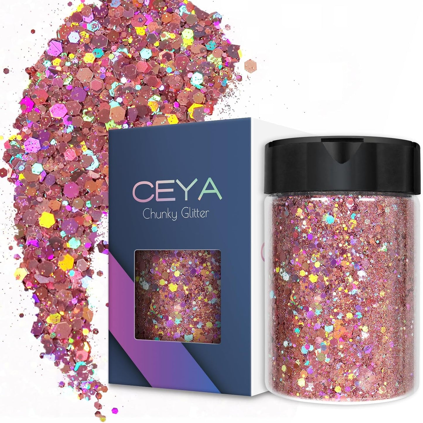 Ceya Holographic Chunky Glitter, 4.9oz/ 140g Pink Mauve Craft Glitter Powder Mixed Fine Flakes Iridescent Nail Sequins for Roses Nail Art, Hair, Epoxy Resin, Tumblers, Slime, Painting, Festival Decor