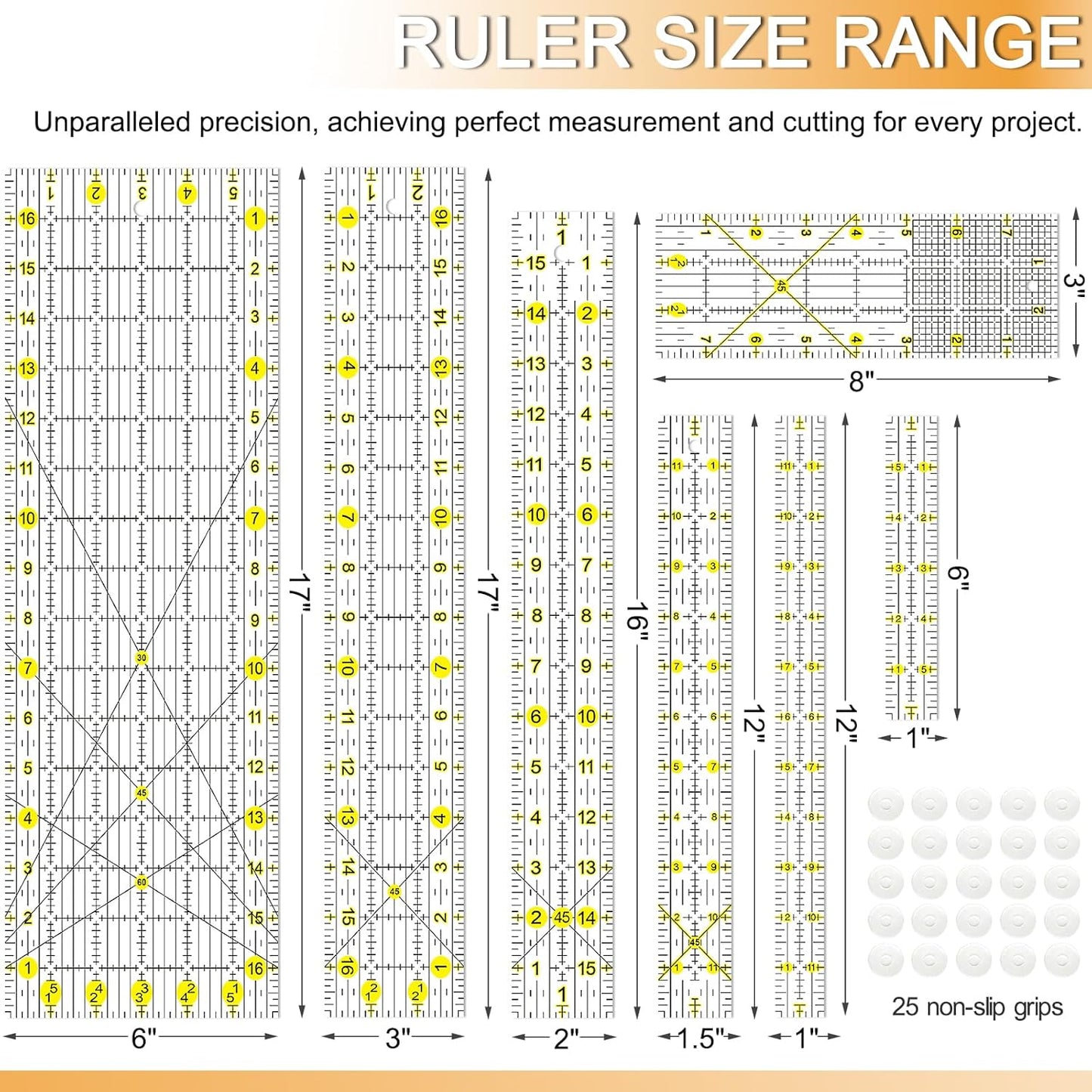 Quilting Ruler, Sewing Ruler, 8 Pack, Acrylic Quilting Templates(6"x17", 3"x17", 2"x16", 1.5"x12", 1"x12", 1"x6", 8"x3"), Non Slip Rings 25 Pieces, Sewing and Quilting Supplies - Clear/Yellow