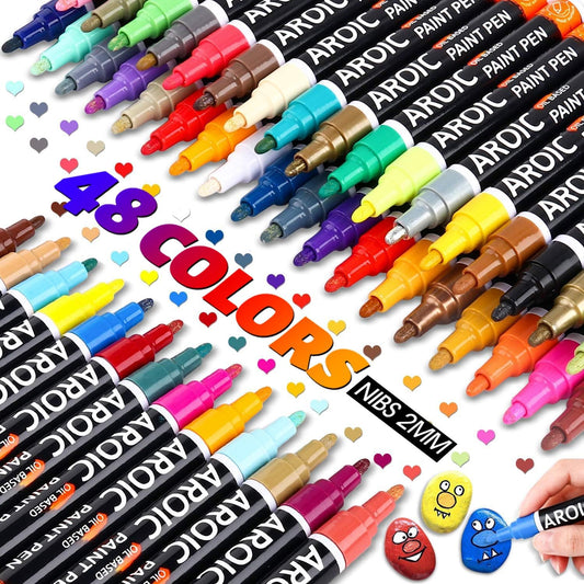 AROIC 48 Pack Oil-Based Paint Markers Medium Tip - Low Odor Rock Painting Pens for Wood, Metal, Plastic, Glass, Canvas, Ceramic Surfaces | 2025 Artist Professional Kit