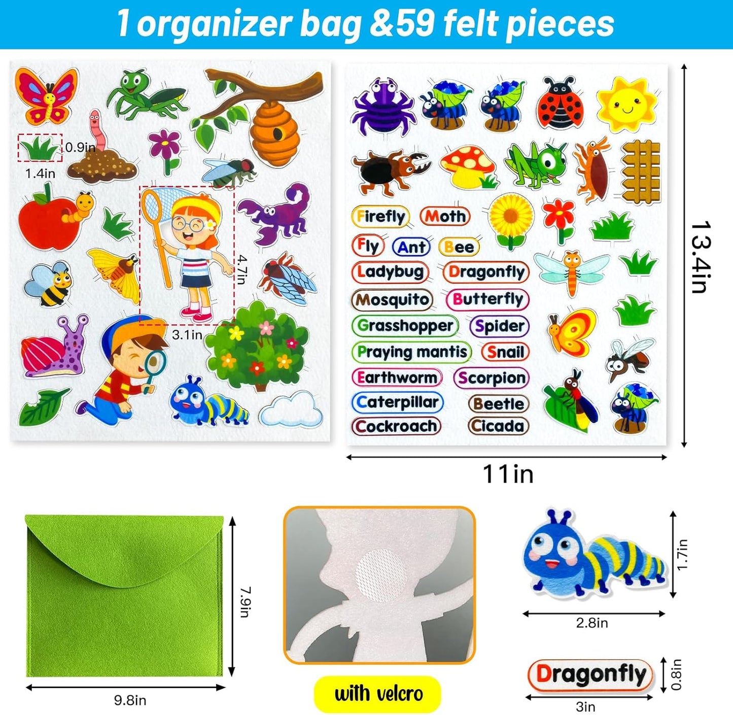 Felt Flannel Board Story Pieces for Toddlers Preschool,Kids Interactive Storytelling Teaching Play Kits for Flannel Board,with Words Felt Pieces(Insect Butterfly)