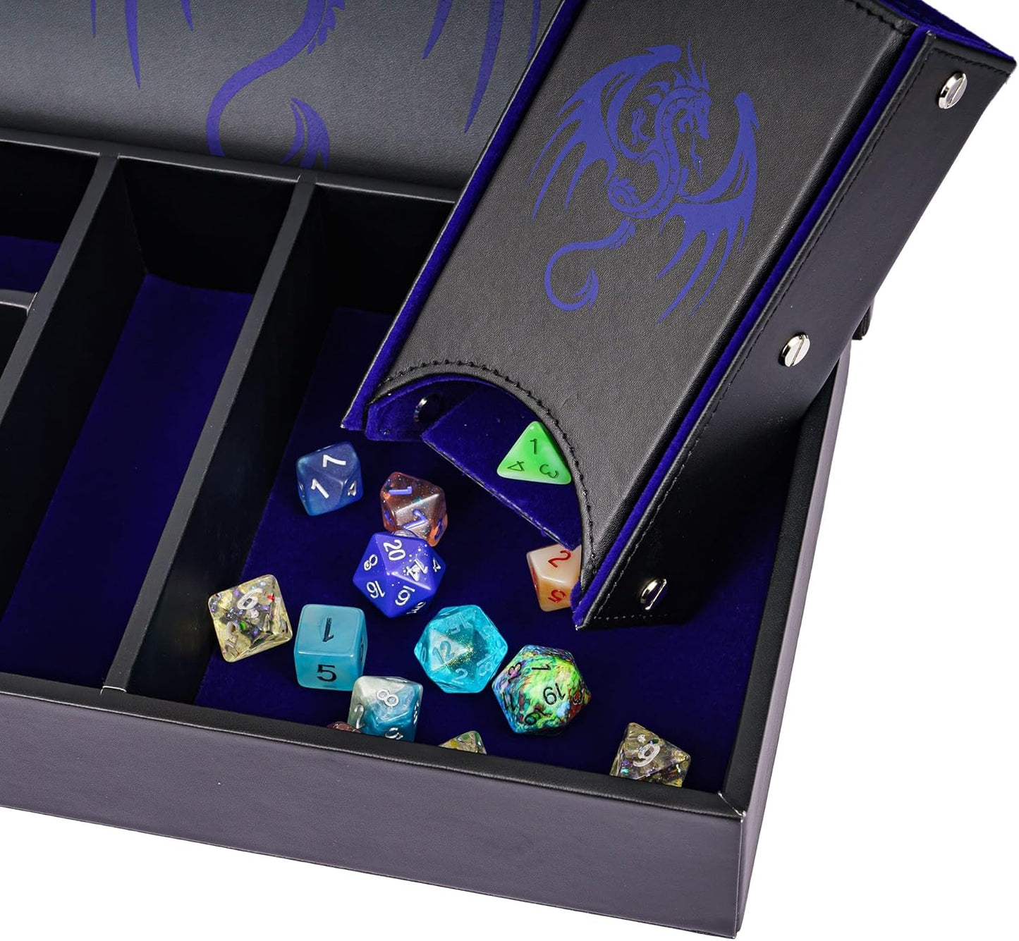 D&D Dice Storage Box 4 in 1 Portable Dice Case, RPG DND Rolling Tray Leather Box for Role Playing Games and Other Tabletop Game